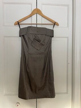 Jessica McClintock Shimmery Strapless Gun Metal Grey Satin Dress